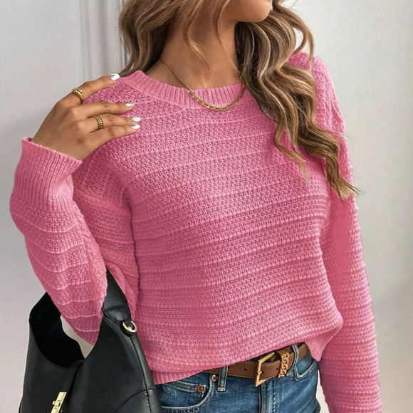 Hot Pink Casual Women's Minimalist Bow Decor Crew Neck Sweater - Picture 4 of 6